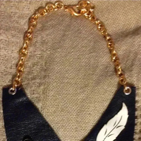 One Of A Kind Blue Leather Necklace  With Cameo & Beaded Leaves. Handmade By Me! - Picture 7 of 8